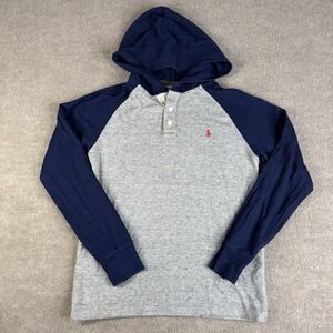 Polo Ralph Lauren Boys Hooded Waffle Knit Henley Size Larger 14-16 Navy Gray